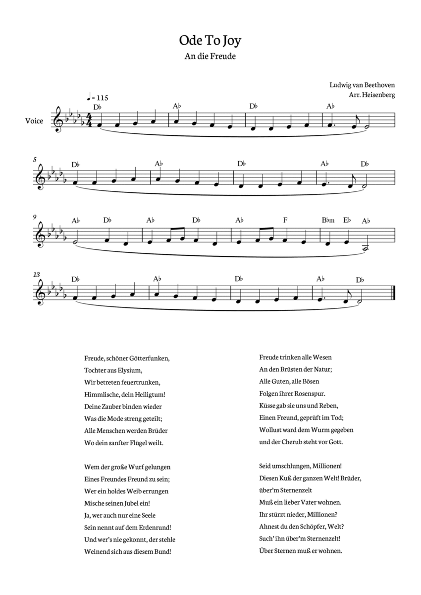 Beethoven - Ode To Joy for voice with chords in Db (Lyrics in German)  image number null