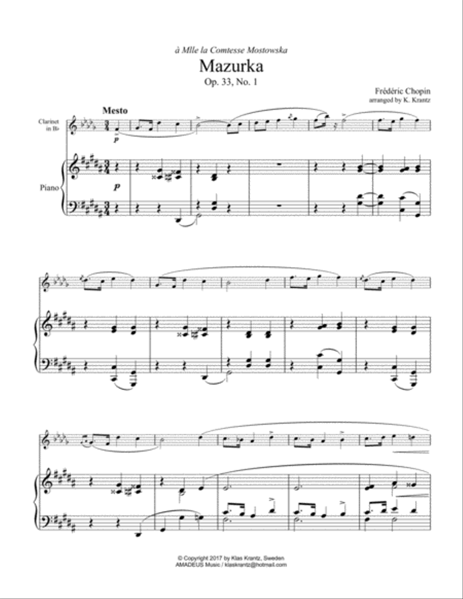 Mazurka, Mesto Op. 33, No 1 for clarinet in Bb and piano B-Flat Clarinet scores gallery preview page 1