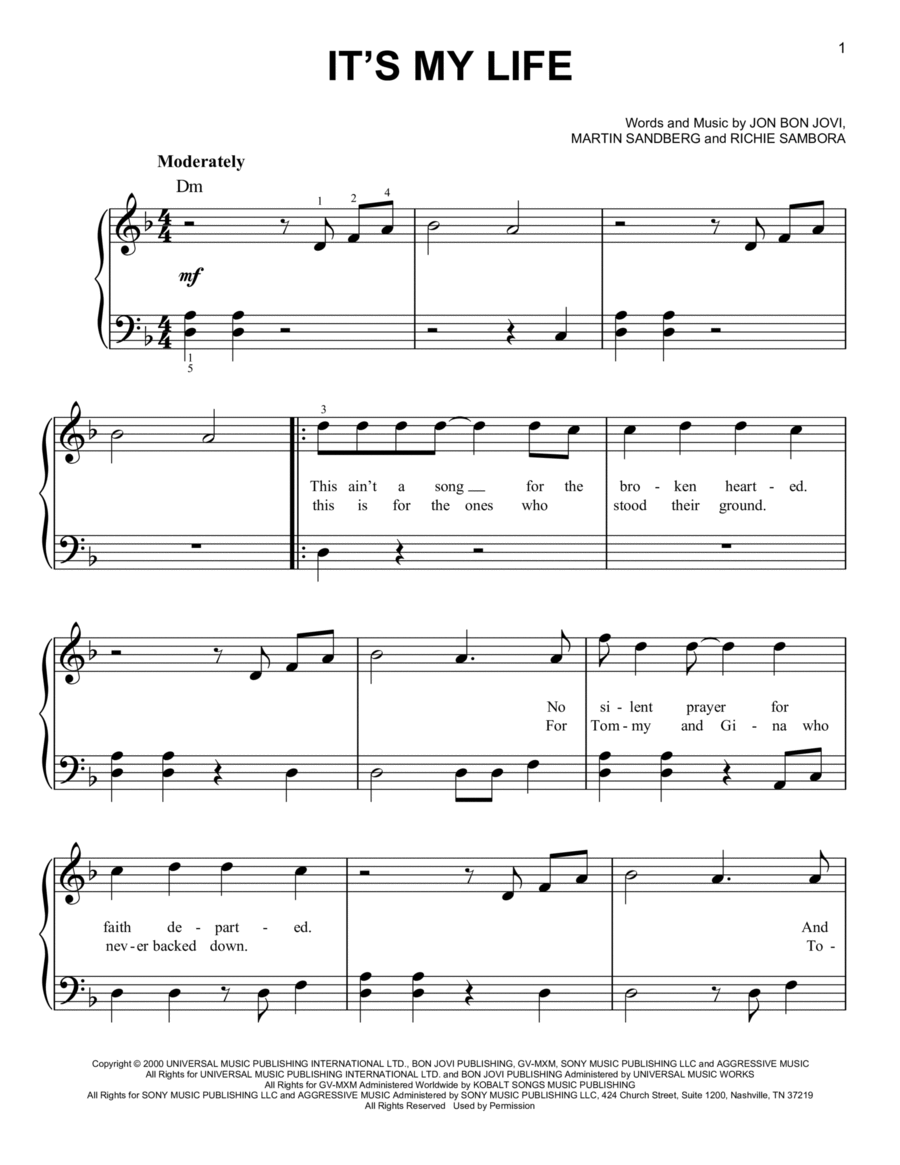 It's My Life Easy Piano scores gallery preview page 1