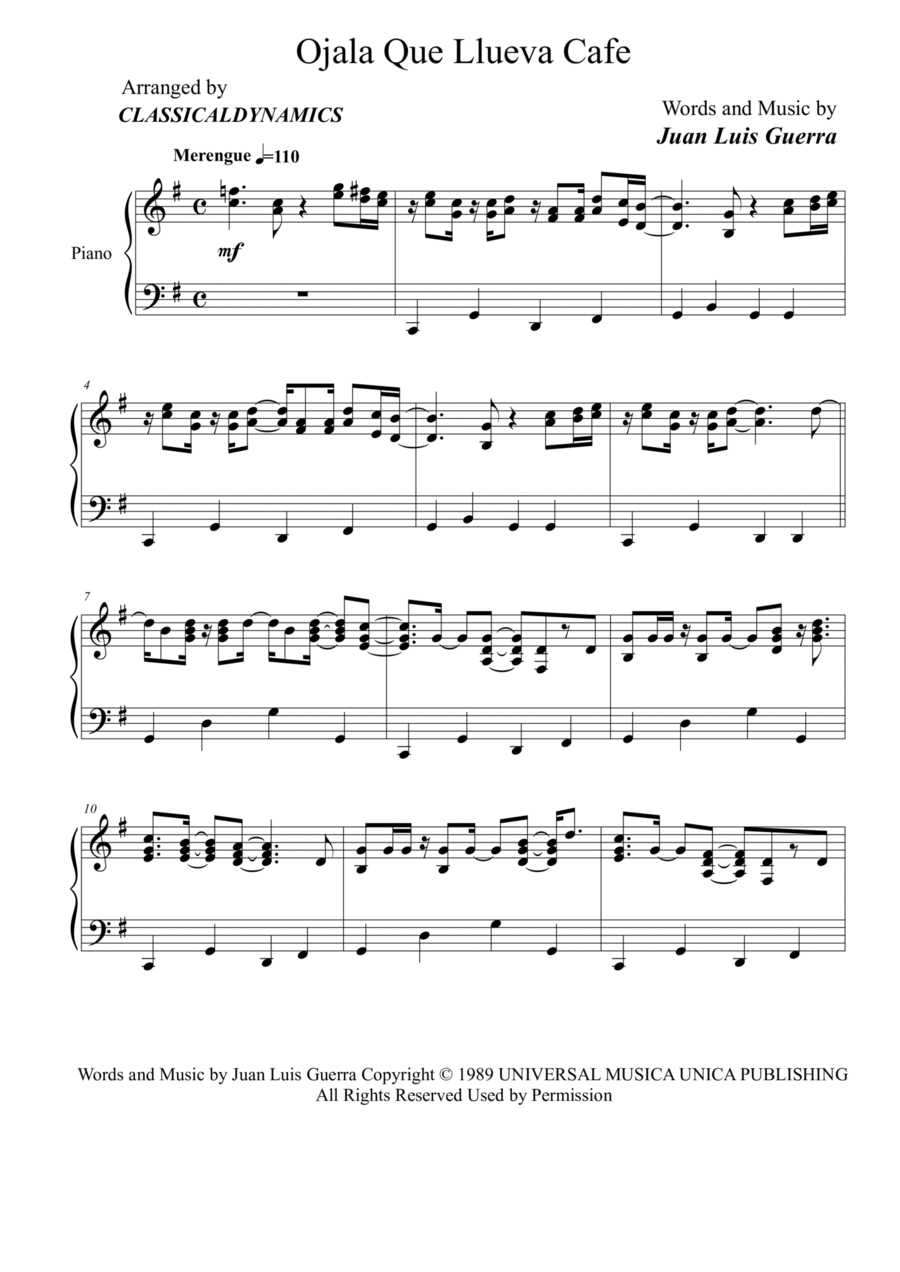 Ojala Que Llueva Cafe Ojala Que Llueva Cafe Piano Solo scores gallery preview page 1