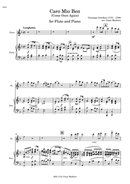 Caro Mio Ben (Come Once Again) - Flute and Piano (Full Score and Parts) image number null