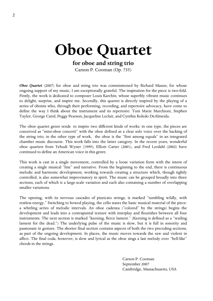 Carson Cooman: Oboe Quartet (2007) for oboe and string trio Small Ensemble scores gallery preview page 1