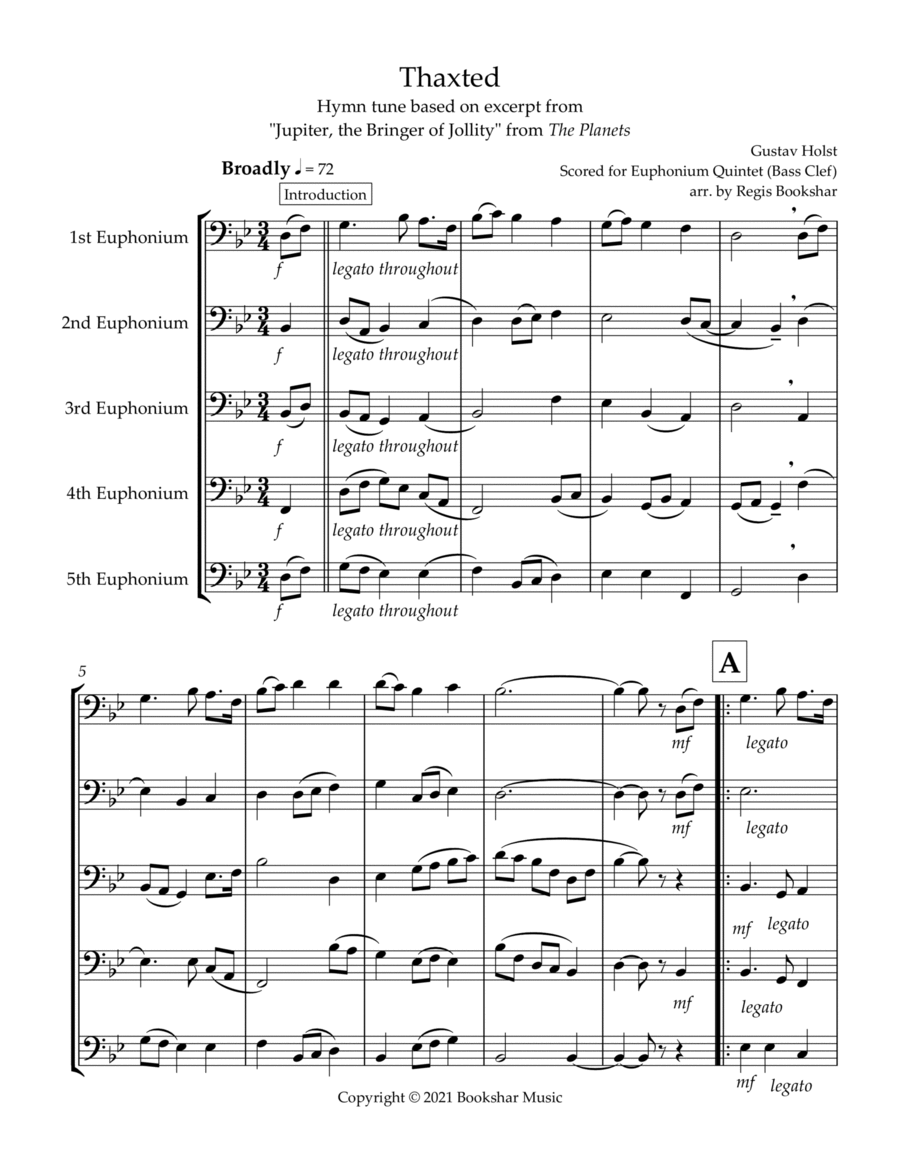 Thaxted (hymn tune based on excerpt from "Jupiter" from The Planets) (Bb) (Euphonium Quintet) (Bass image number null