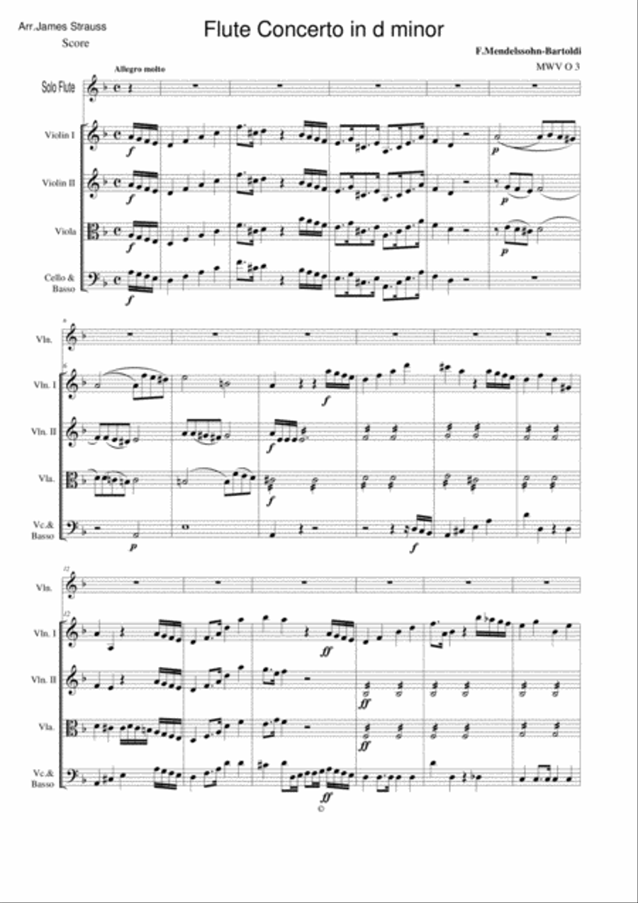 Felix Mendelssohn - Flute Concerto in d minor ( Full Score and parts) Chamber Orchestra scores gallery preview page 1