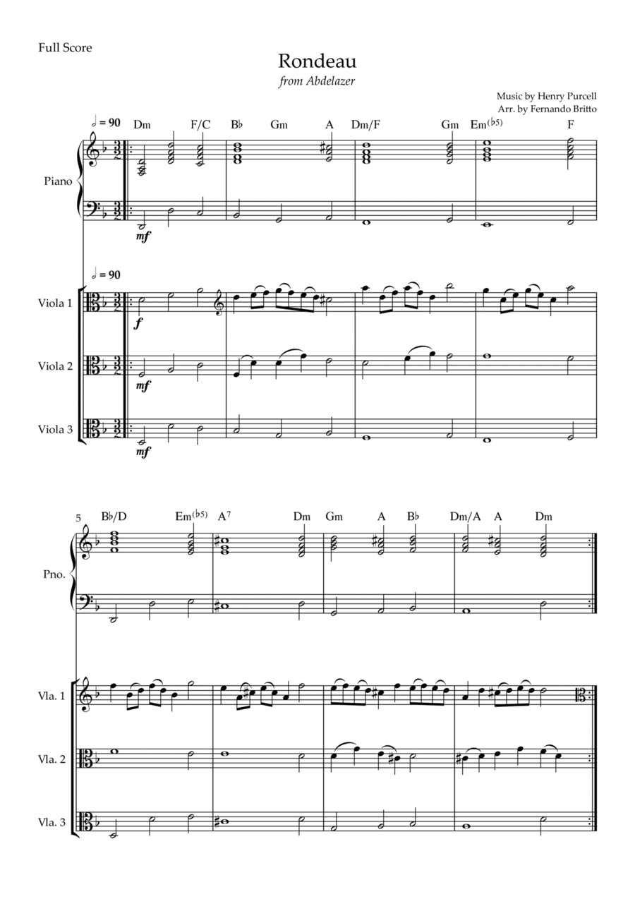 Rondeau (from Abdelazer) for Viola Trio and Piano Accompaniment with Chords Piano Quartet scores gallery preview page 1