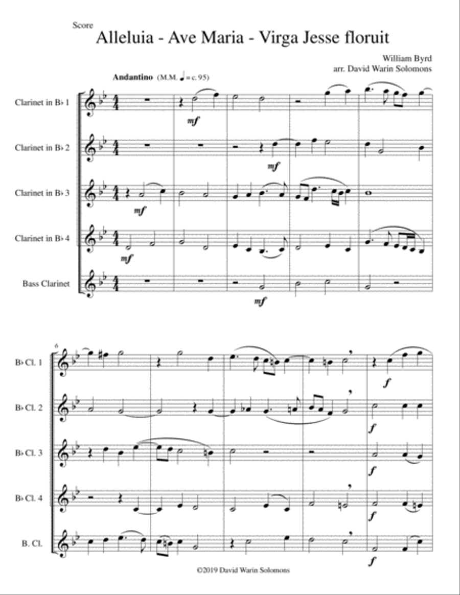 Alleluia - Ave Maria - Virga Jesse floruit arranged for clarinet quintet (4 B flats and 1 bass) Clarinet Quintet scores gallery preview page 1