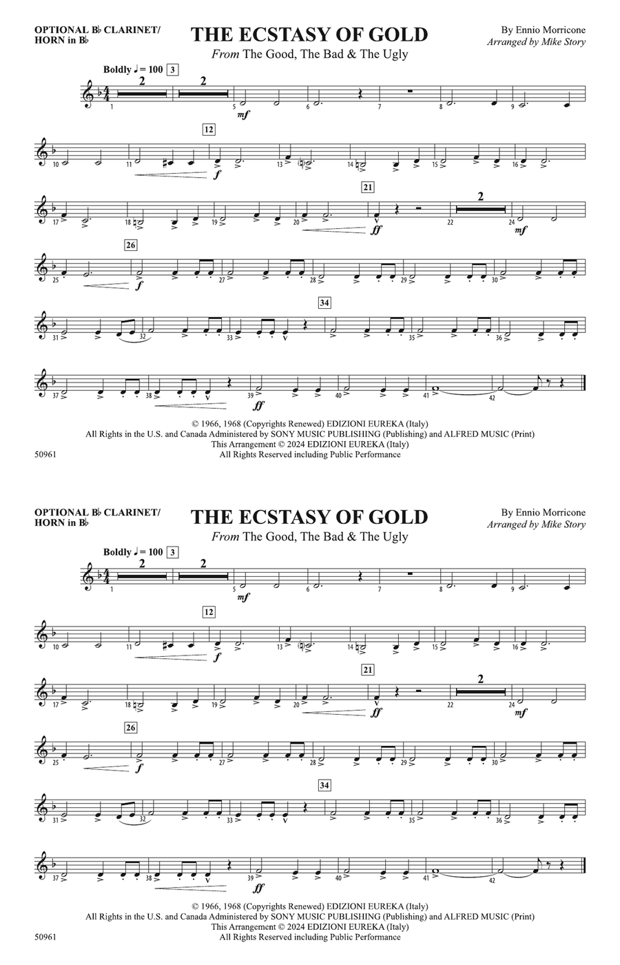 The Ecstasy of Gold: Optional Bb Clarinet/Horn in Bb B-Flat Clarinet scores gallery preview page 1
