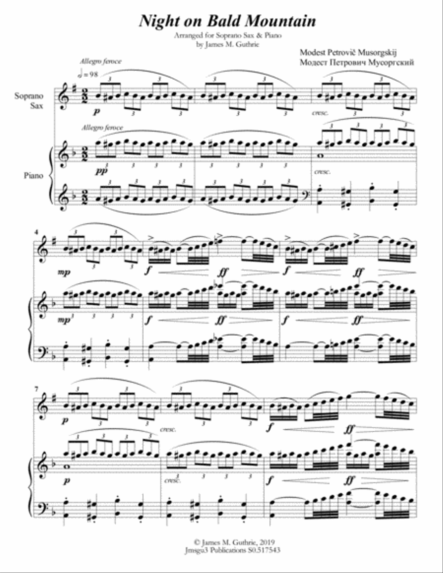 Mussorgsky: Night on Bald Mountain for Soprano Sax & Piano Woodwind Duet scores gallery preview page 1