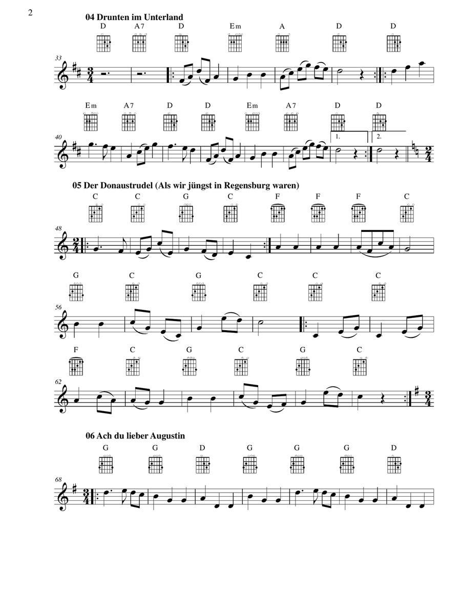 10 Volkslieder - Simple arrangements of 10 German folk songs (violin and guitar chords) String Duet scores gallery preview page 2