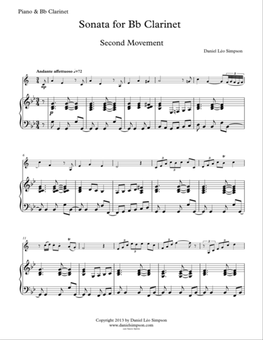 Clarinet Sonata - 2nd Mov., (Andante affettuoso) Clarinet Solo scores gallery preview page 1