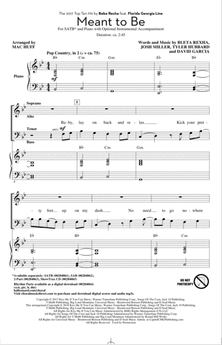 Meant To Be (feat. Florida Georgia Line) (arr. Mac Huff) 4-Part scores gallery preview page 1
