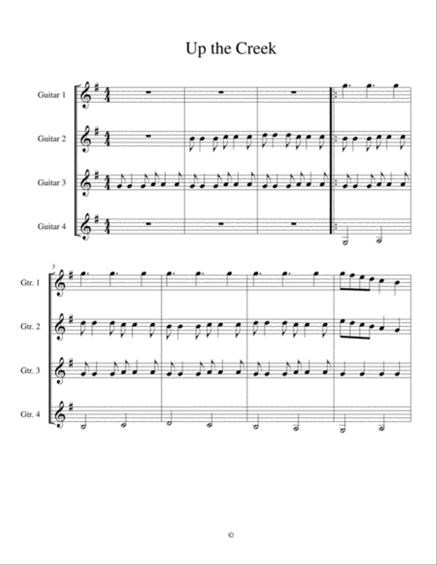 Up the Creek Score: Easy Guitar Quartet Guitar Ensemble - Digital Sheet Music