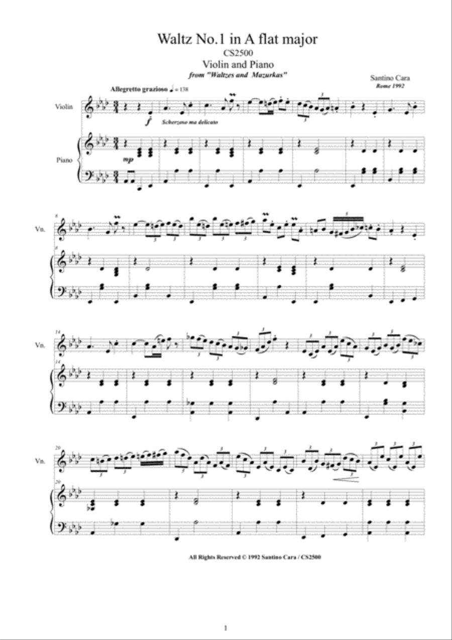 Cara - Two Violin Waltzes for Violin and Piano - Scores and Part Violin Solo scores gallery preview page 1