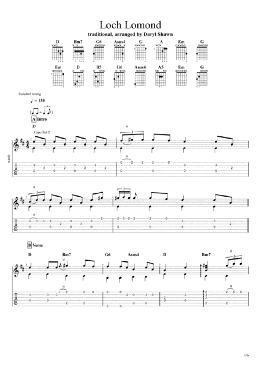 Loch Lomond, for solo fingerstyle guitar image number null