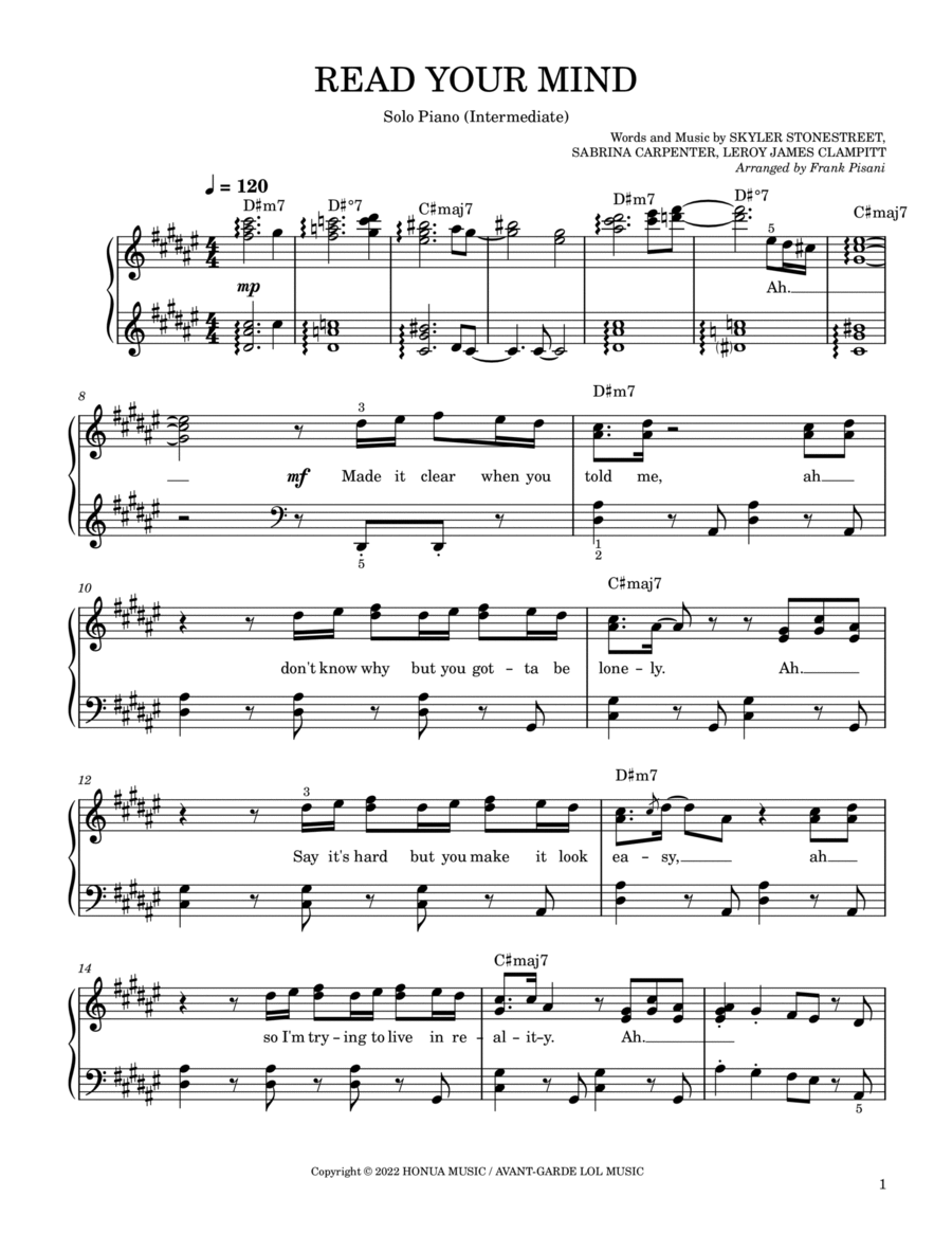 Read Your Mind Piano Solo scores gallery preview page 1