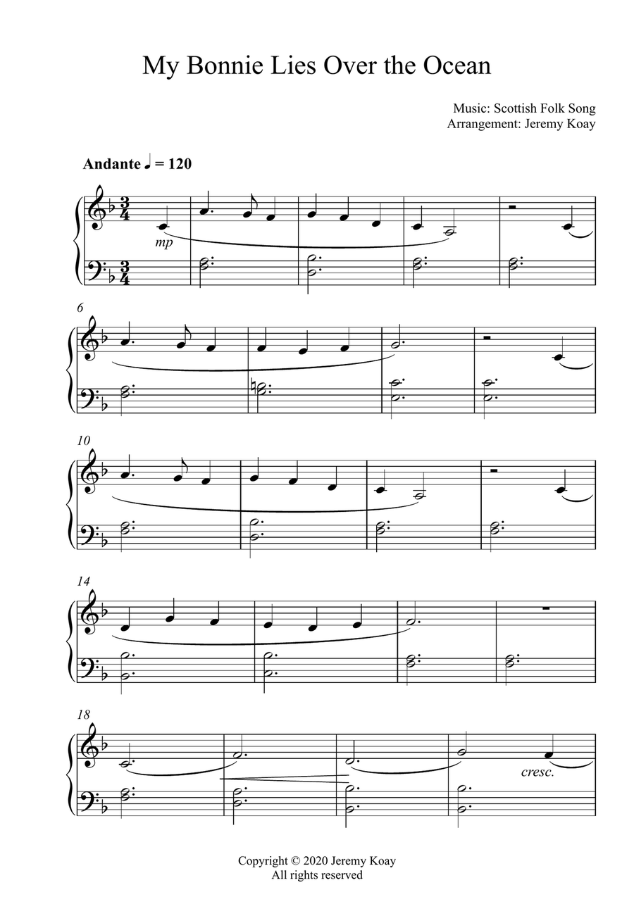 My Bonnie Lies Over the Ocean (beginner and early intermediate - solo piano) Easy Piano scores gallery preview page 1