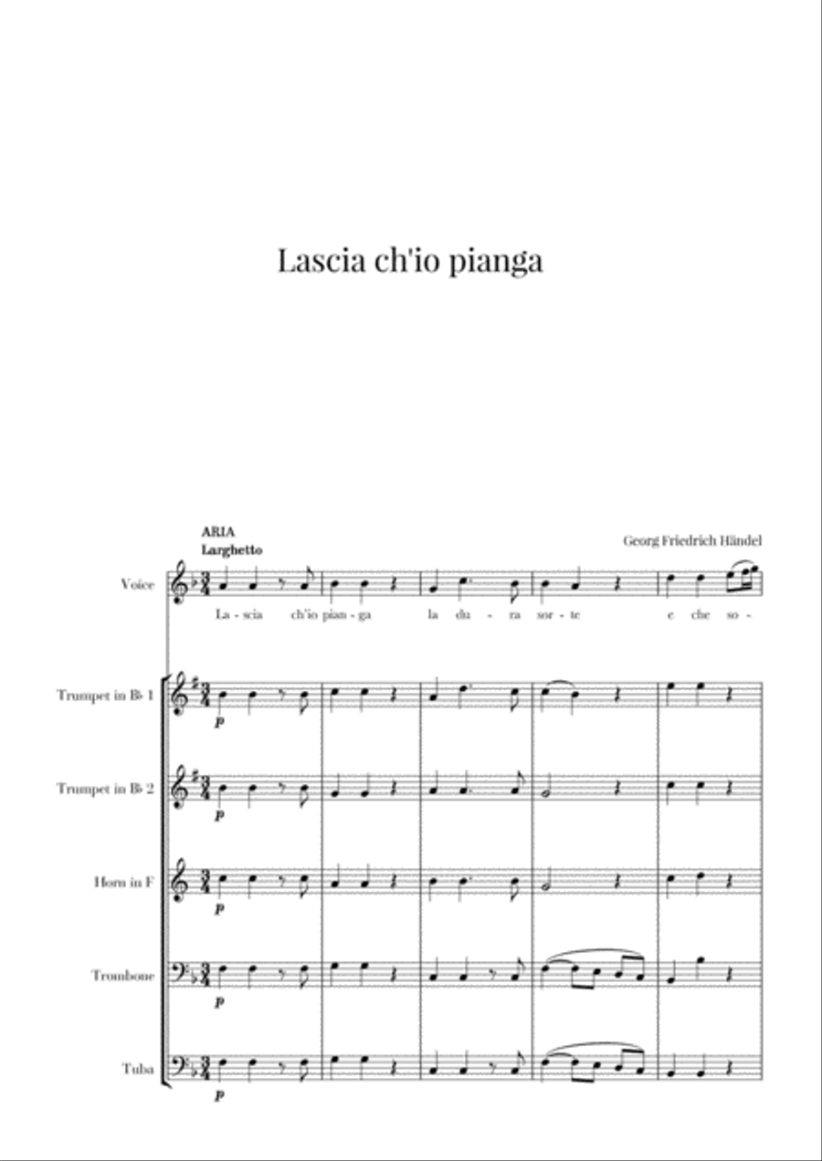 Haendel - Lascia ch’io pianga (for Soprano and Brass Quintet) Brass Quintet scores gallery preview page 1