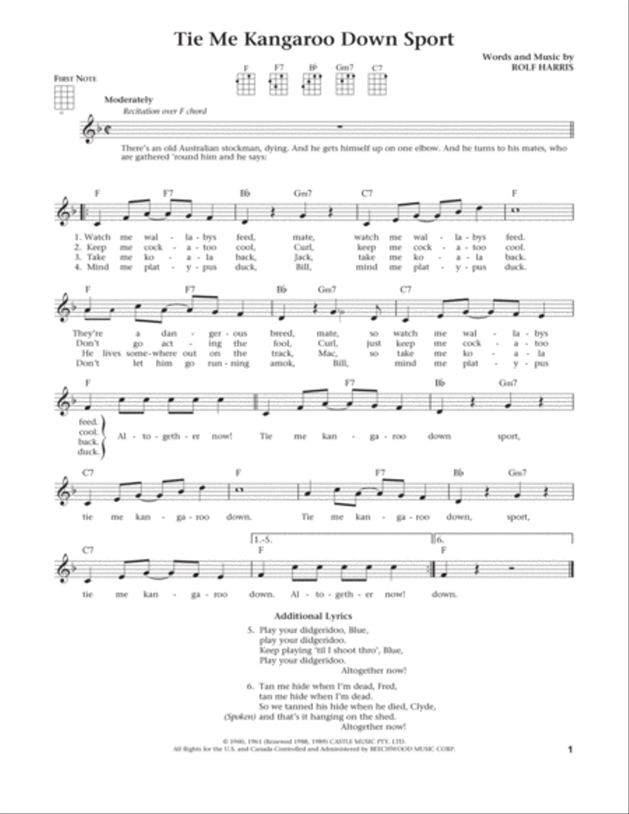 Tie Me Kangaroo Down Sport (from The Daily Ukulele) (arr. Liz and Jim Beloff) Ukulele scores gallery preview page 1