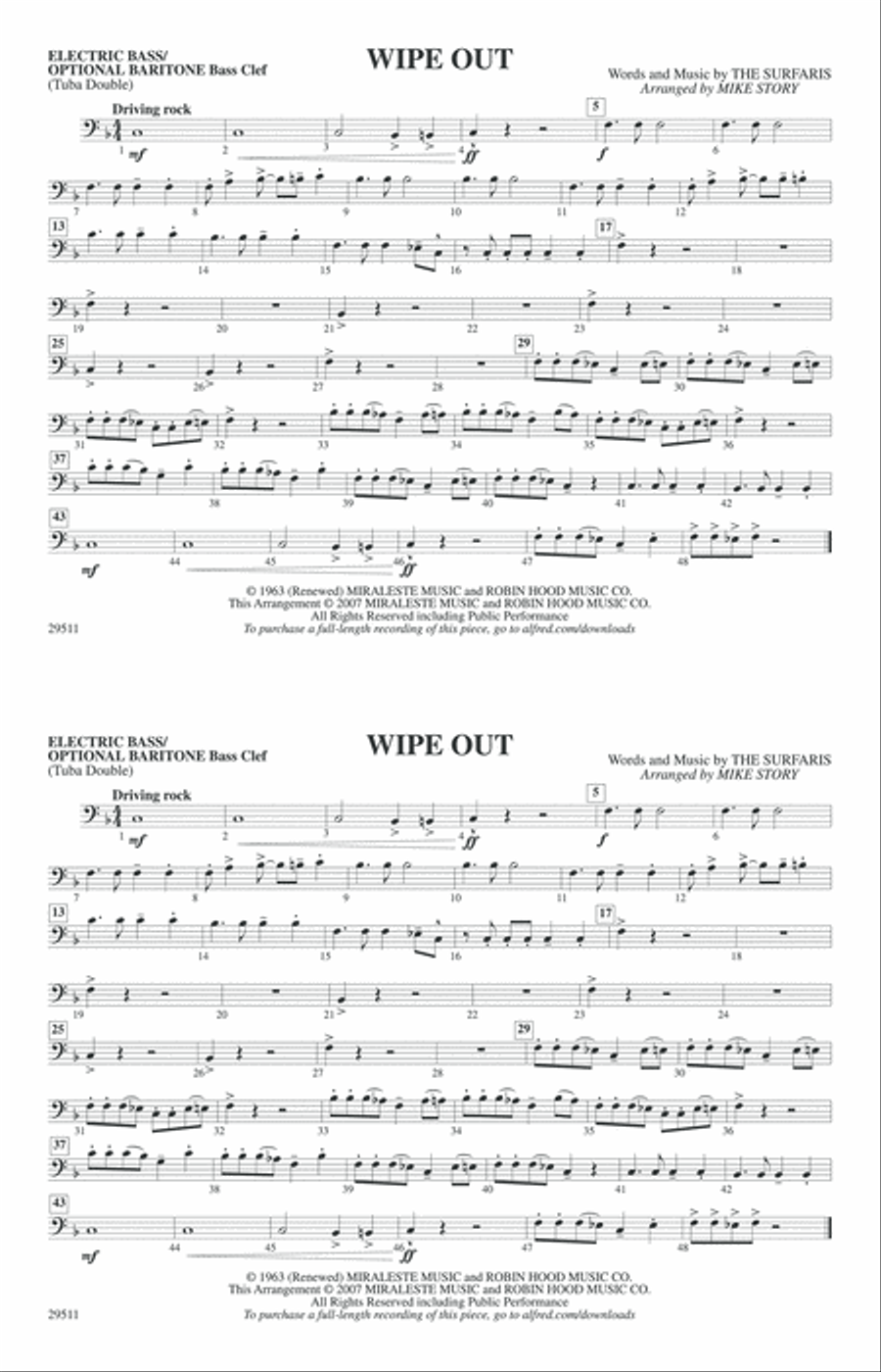 Wipe Out: Electric Bass Wipe Out: Electric Bass Marching Band scores gallery preview page 1