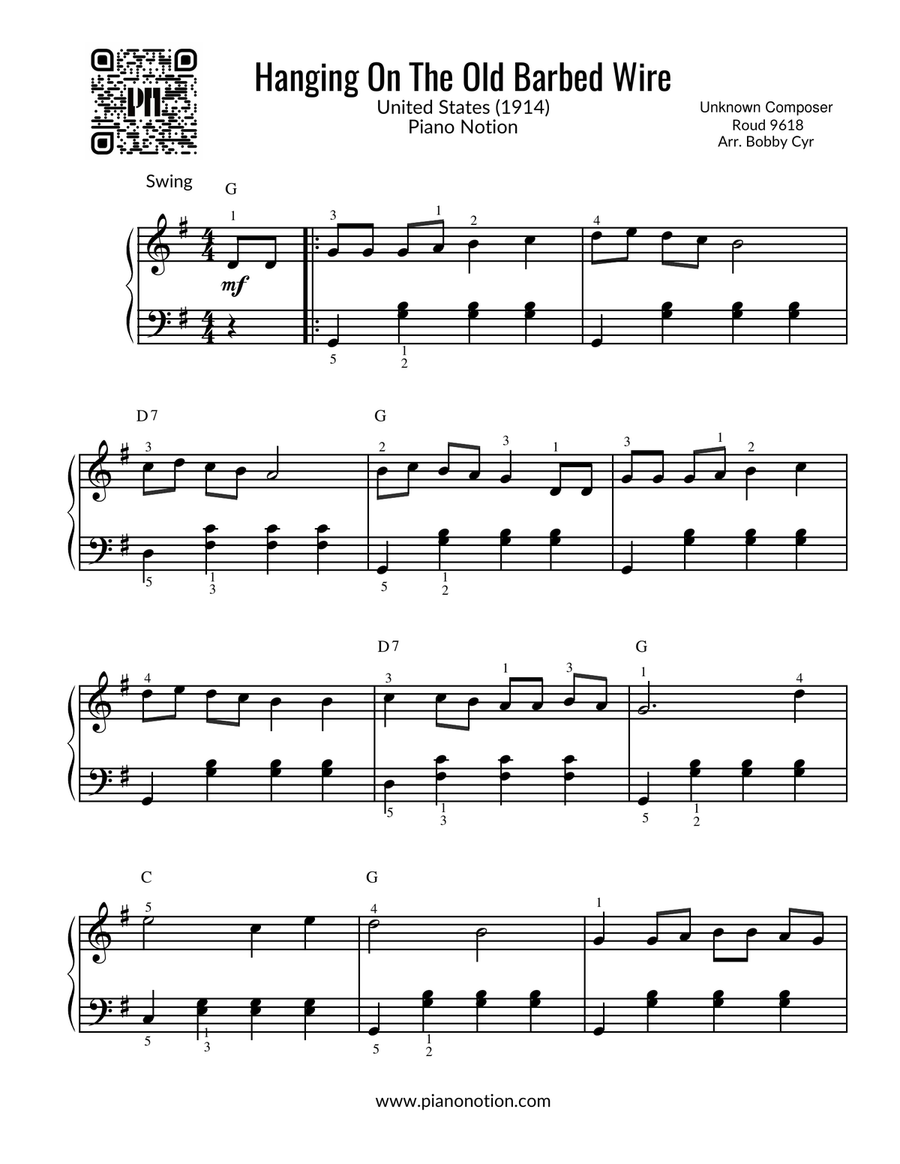 Hanging On The Old Barbed Wire (Piano Solo) Easy Piano scores gallery preview page 1