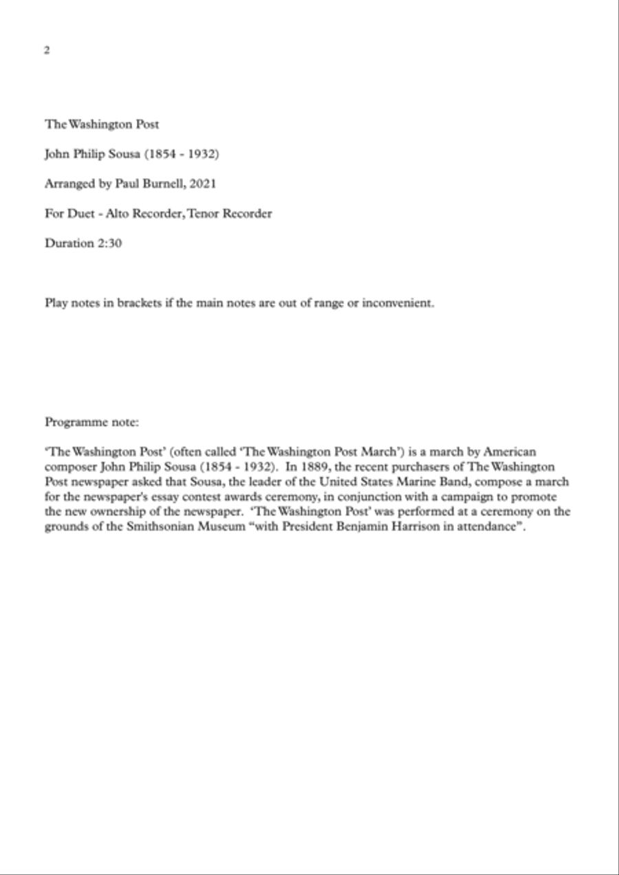 The Washington Post, arranged for duet: Alto and Tenor Recorder Woodwind Duet scores gallery preview page 2