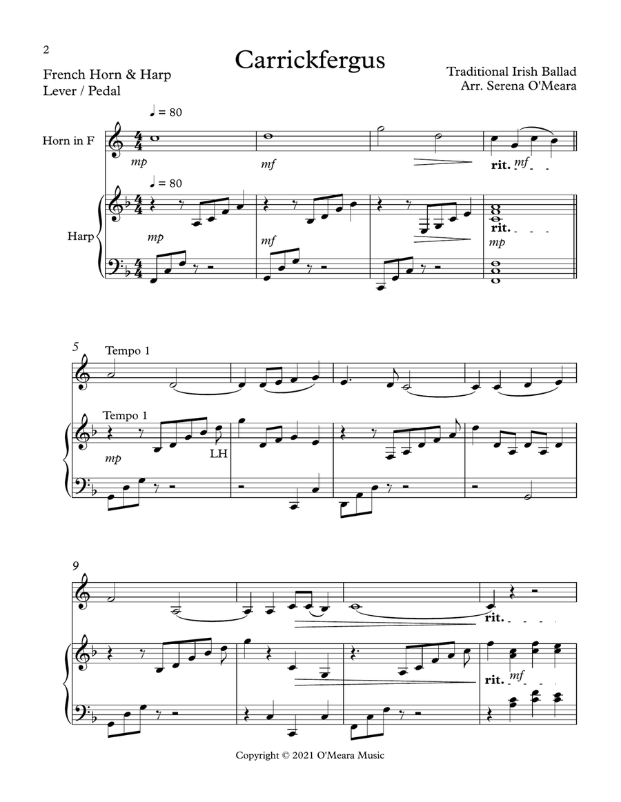 Carrickfergus Duet for Horn in F & Harp Harp scores gallery preview page 2