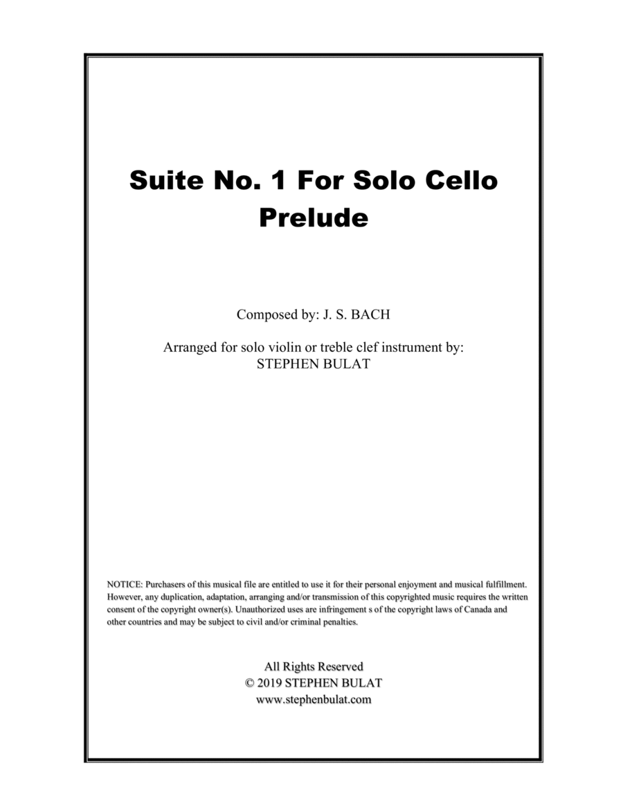 Cello Suite No 1 in G - Prelude (Bach) - arranged for solo violin or treble clef instrument (key of