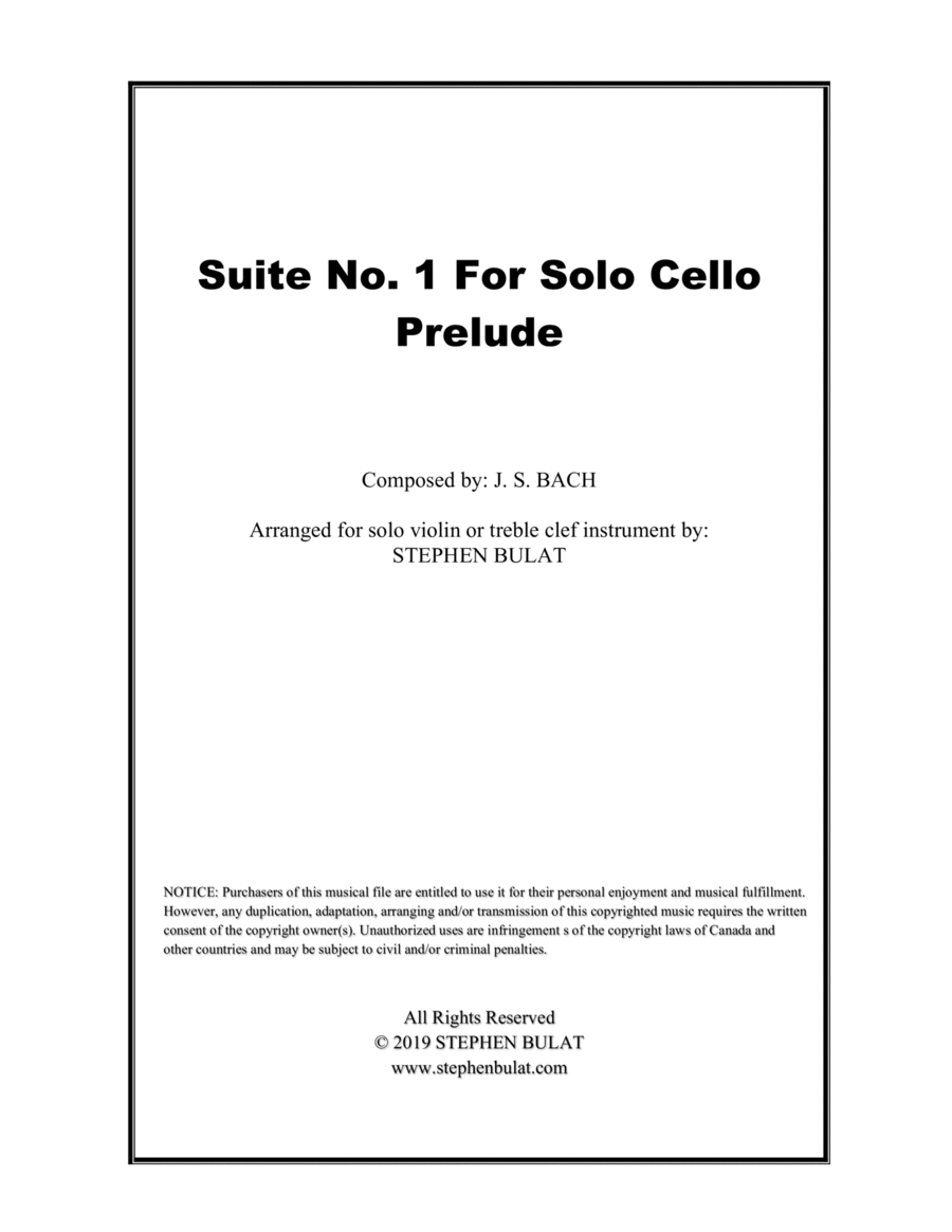 Cello Suite No 1 in G - Prelude (Bach) - arranged for solo violin or treble clef instrument (key of Large Ensemble scores gallery preview page 1