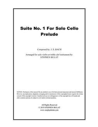 Book cover for Cello Suite No 1 in G - Prelude (Bach) - arranged for solo violin or treble clef instrument (key of