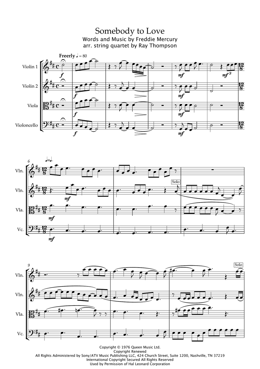 Somebody To Love String Quartet scores gallery preview page 1