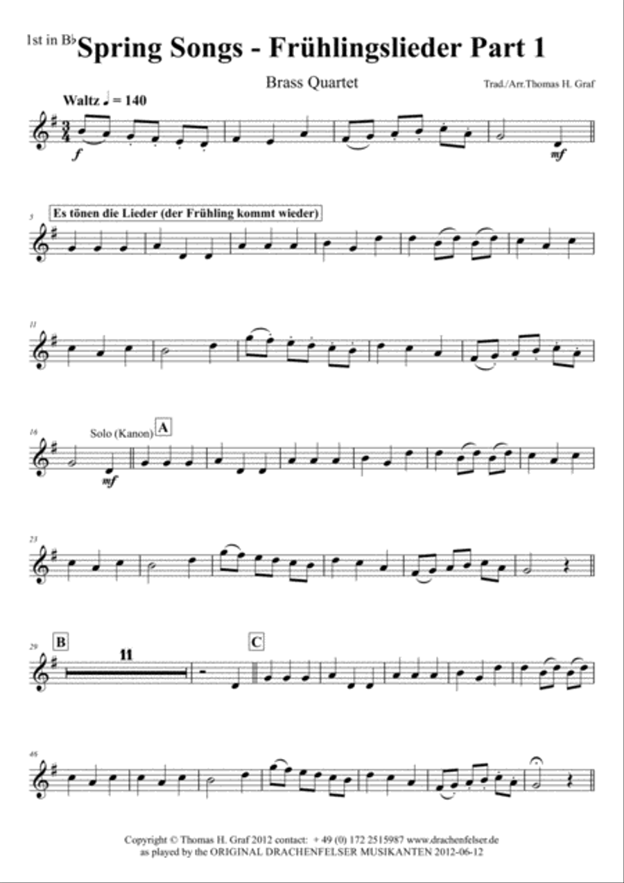 Spring Songs - Frühlingslieder - Part 1 - German Folk Songs - Brass Quartet Brass Quartet scores gallery preview page 5