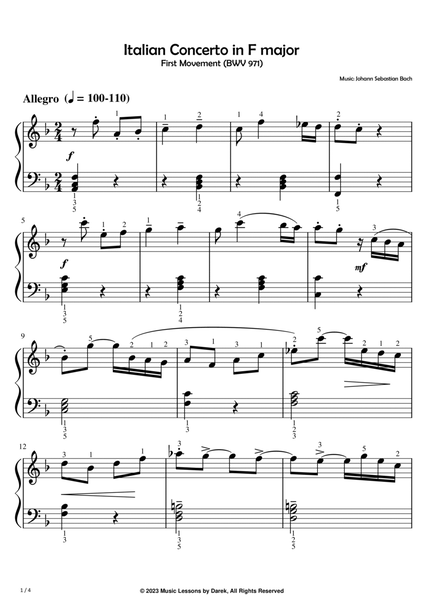Italian Concerto in F major (EASY PIANO) First Movement (BWV 971) [Johann Sebastian Bach] image number null