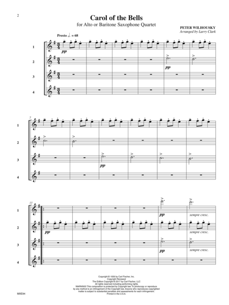 Carol of the Bells for Alto or Baritone Saxophone Quartet