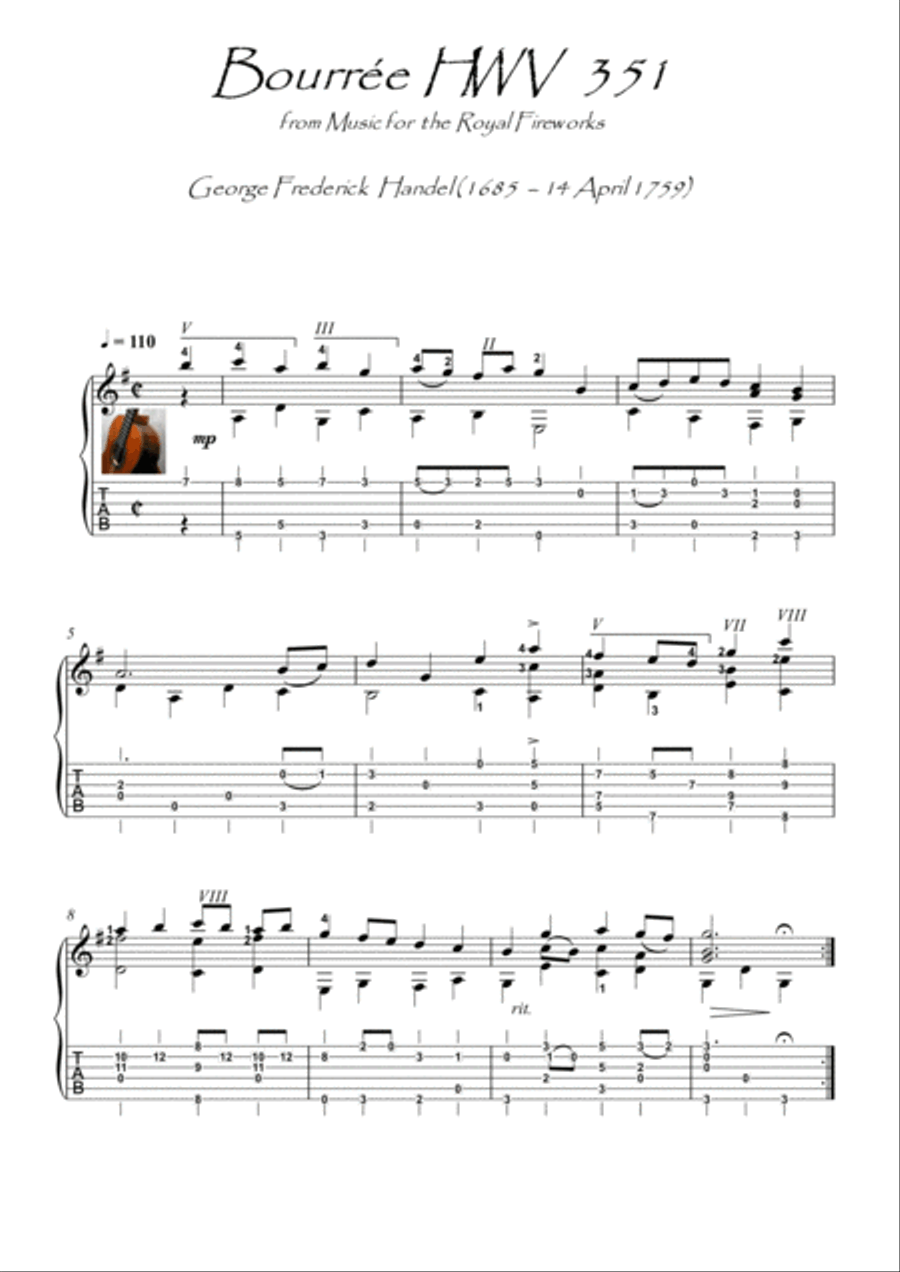 Bourree HWV 351 by Handel guitar solo Acoustic Guitar scores gallery preview page 1