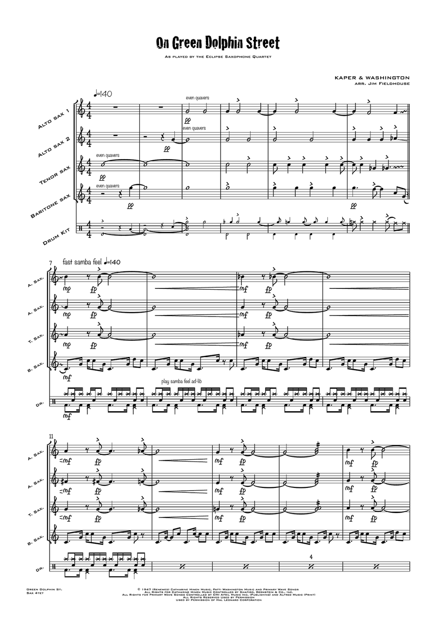 On Green Dolphin Street Saxophone Quartet scores gallery preview page 2