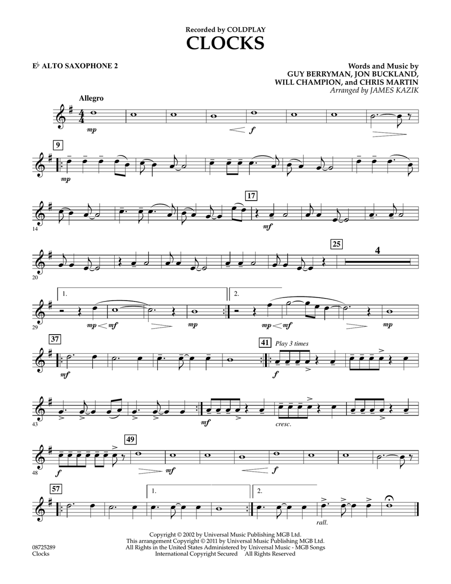 Clocks - Eb Alto Saxophone 2 Concert Band scores gallery preview page 1