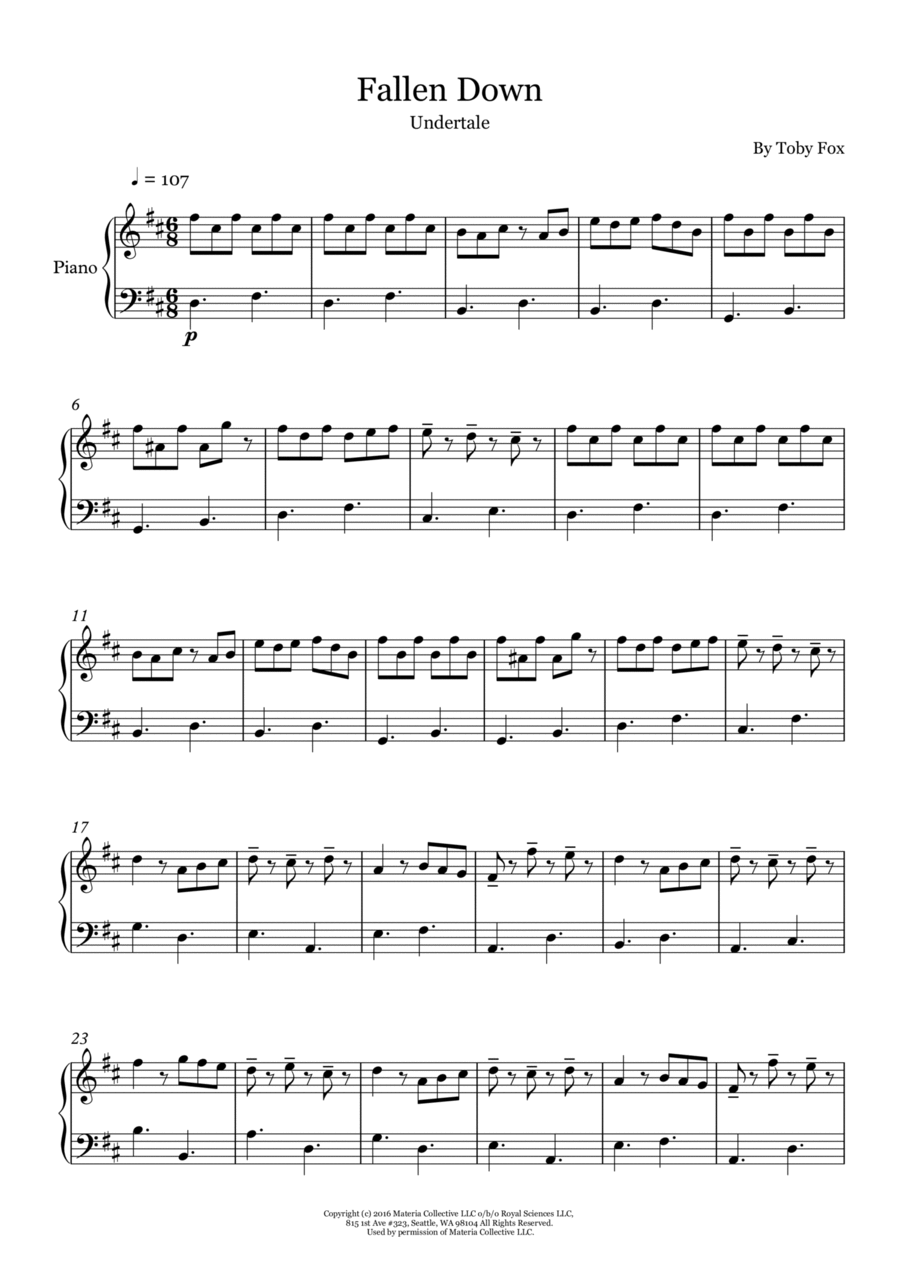 Fallen Down (from Undertale) Easy Piano scores gallery preview page 1