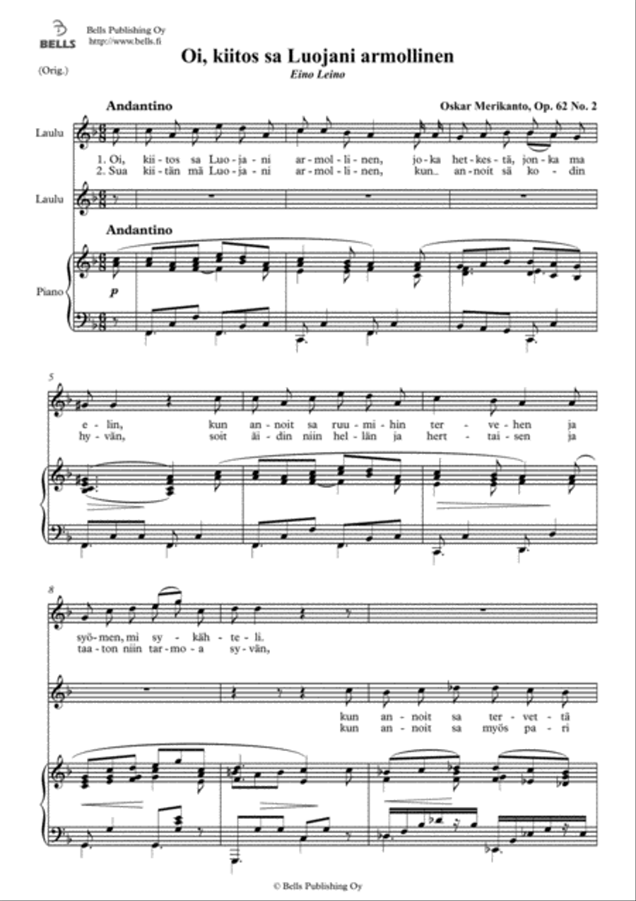 Oi, kiitos sa Luojani armollinen, Op. 62 No. 2 (Original key. F Major) SA scores gallery preview page 1