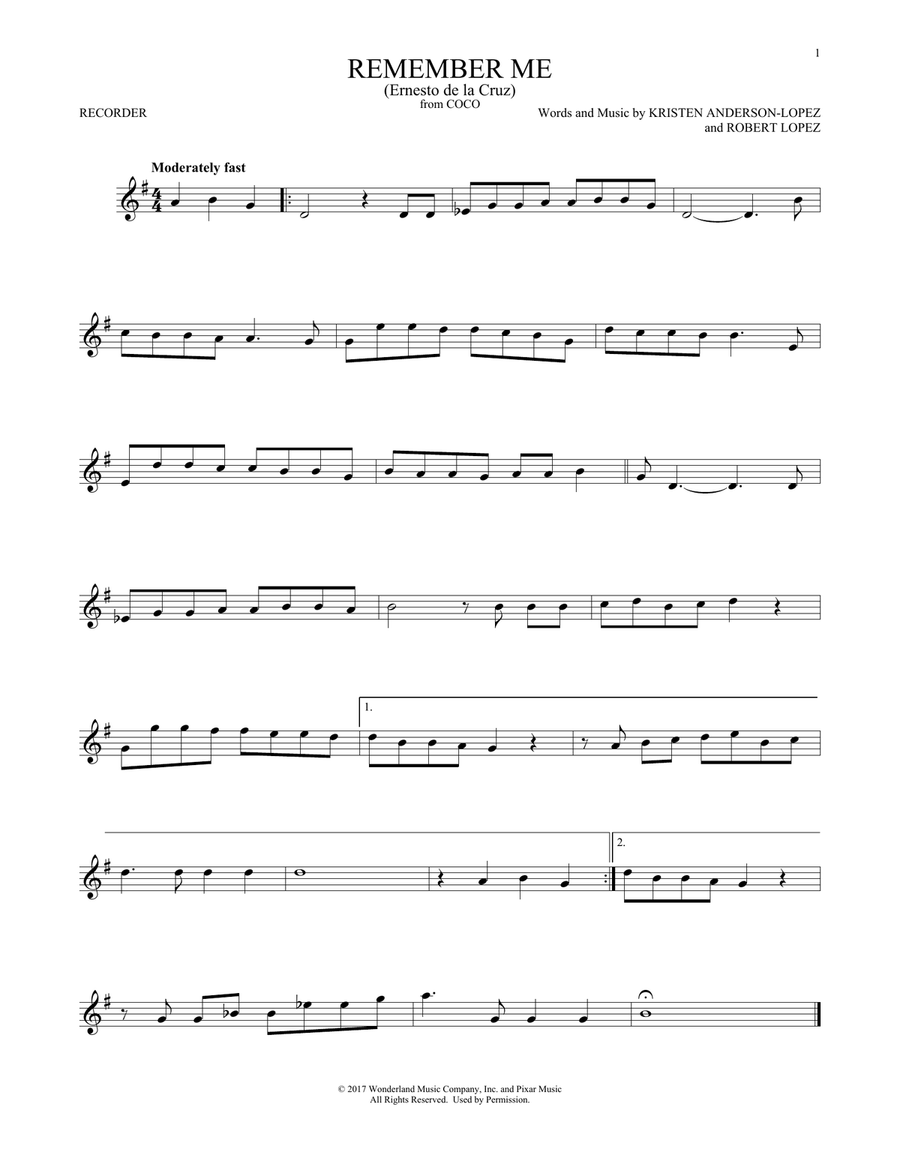 Remember Me (Ernesto de la Cruz) (from Coco) Recorder scores gallery preview page 1