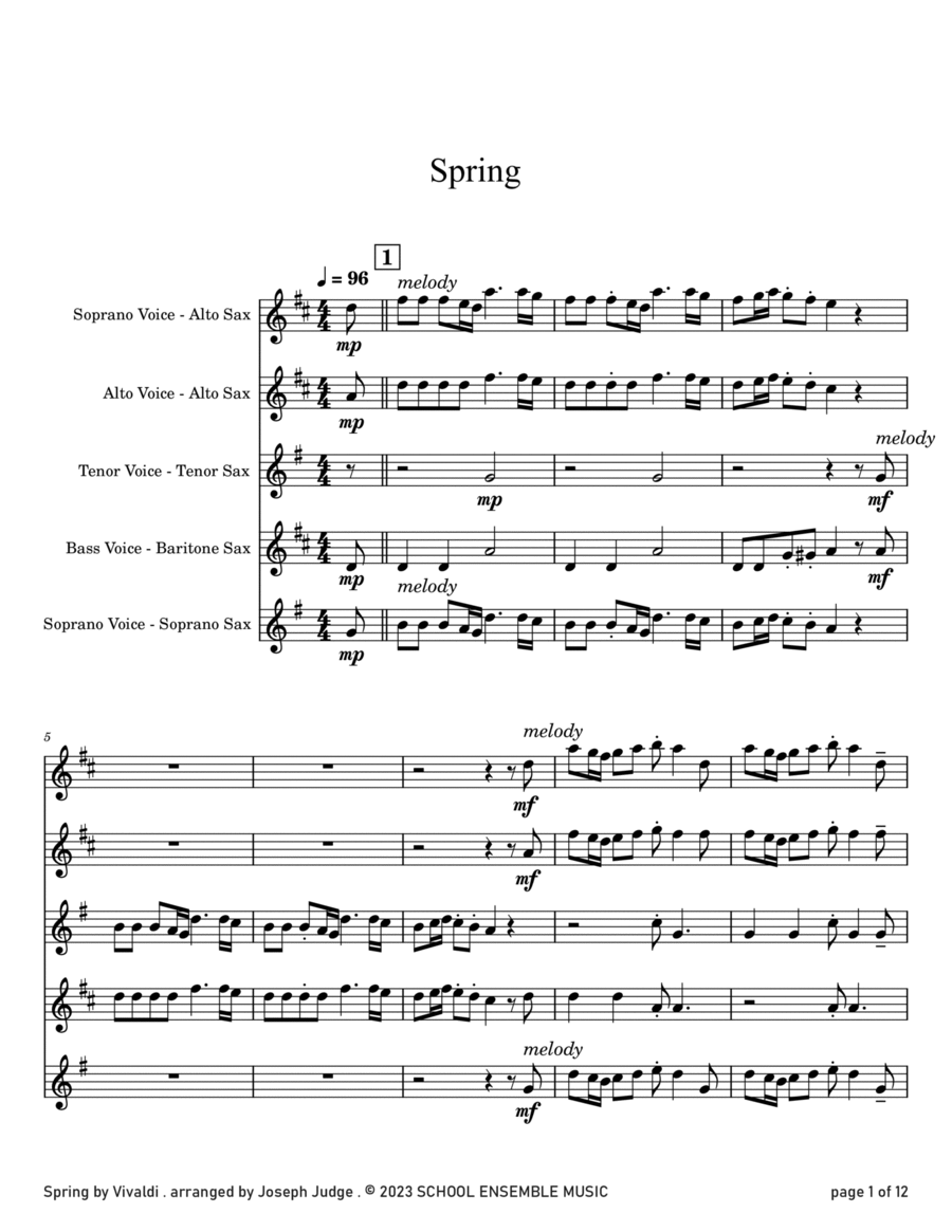 Spring by Vivaldi for Saxophone Quartet in Schools Saxophone Quartet scores gallery preview page 1