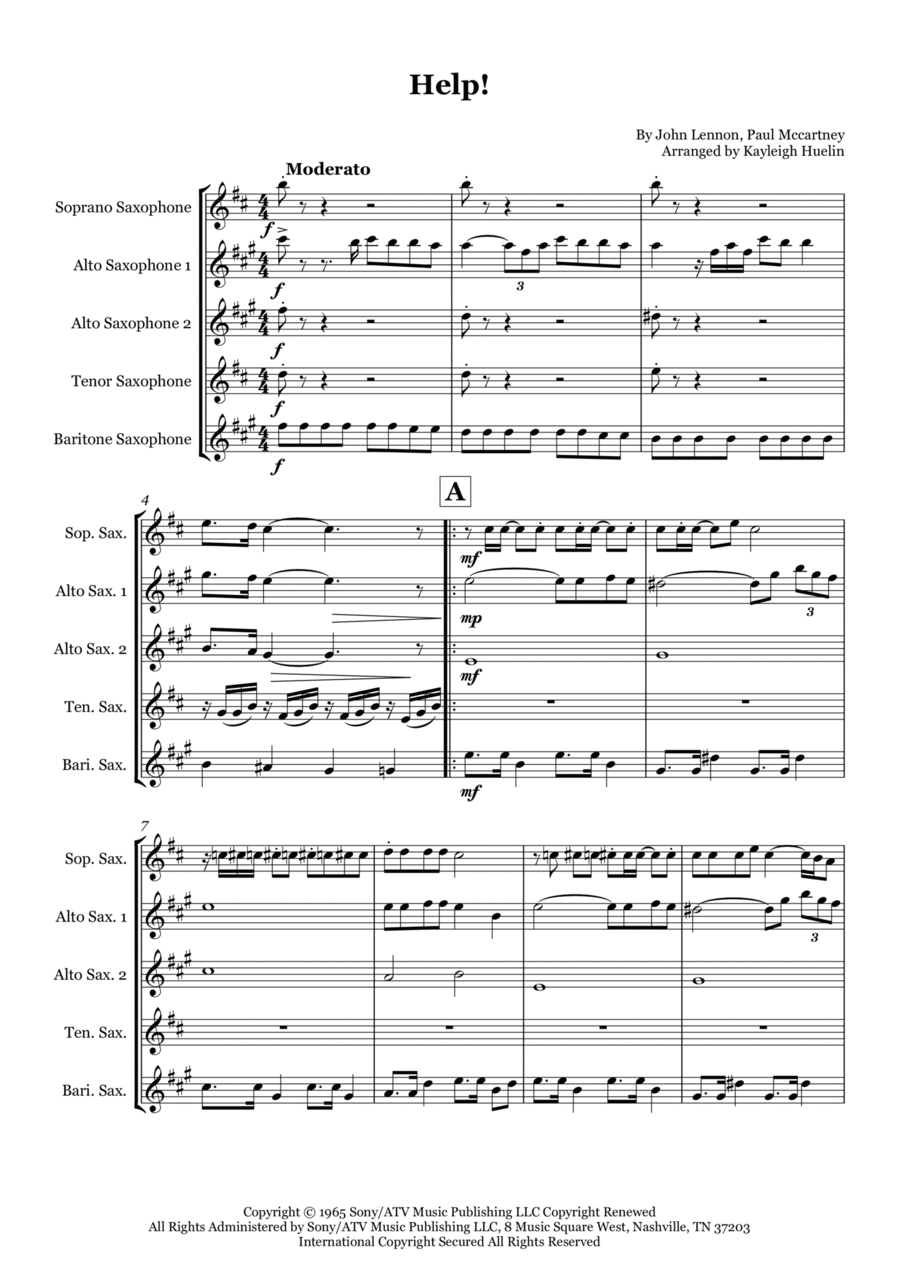 Help! Saxophone Quintet scores gallery preview page 1