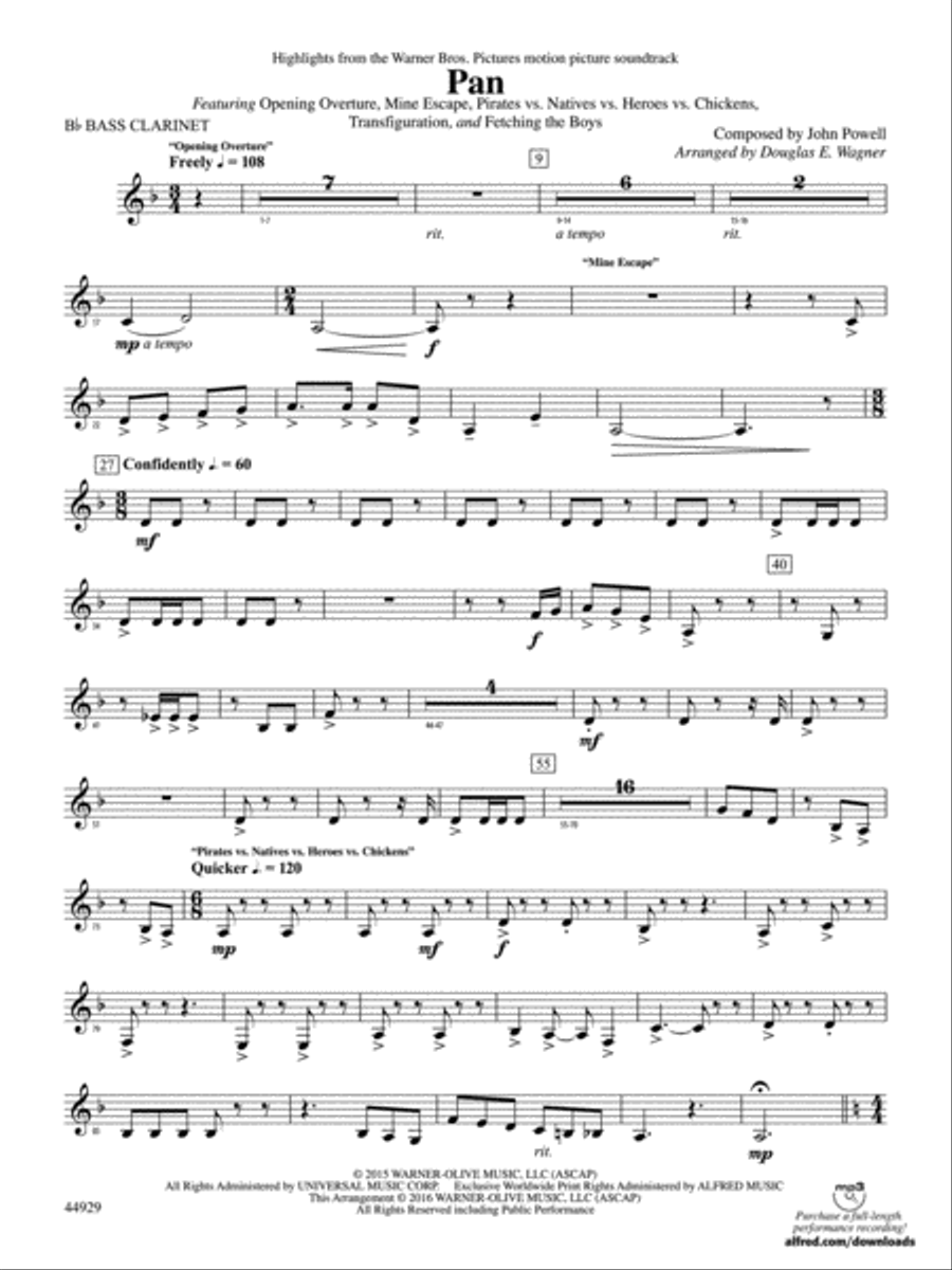 Pan: Highlights from the Warner Bros. Pictures Motion Picture Soundtrack: B-flat Bass Clarinet Concert Band scores gallery preview page 1