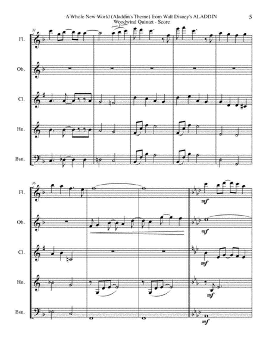 A Whole New World (from 'Aladdin') Woodwind Quintet scores gallery preview page 5
