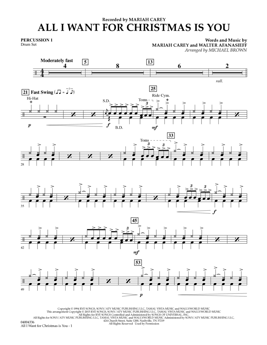 All I Want for Christmas Is You (arr. Michael Brown) - Percussion 1 Percussion scores gallery preview page 1