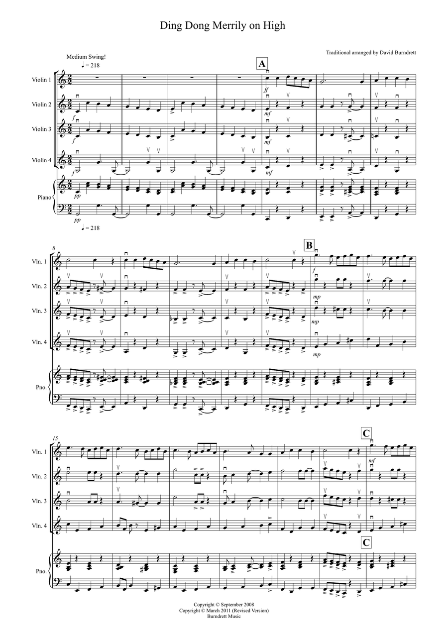 Ding Dong Merrily on High (Jazzy Style!) for Violin Quartet Violin Solo scores gallery preview page 1
