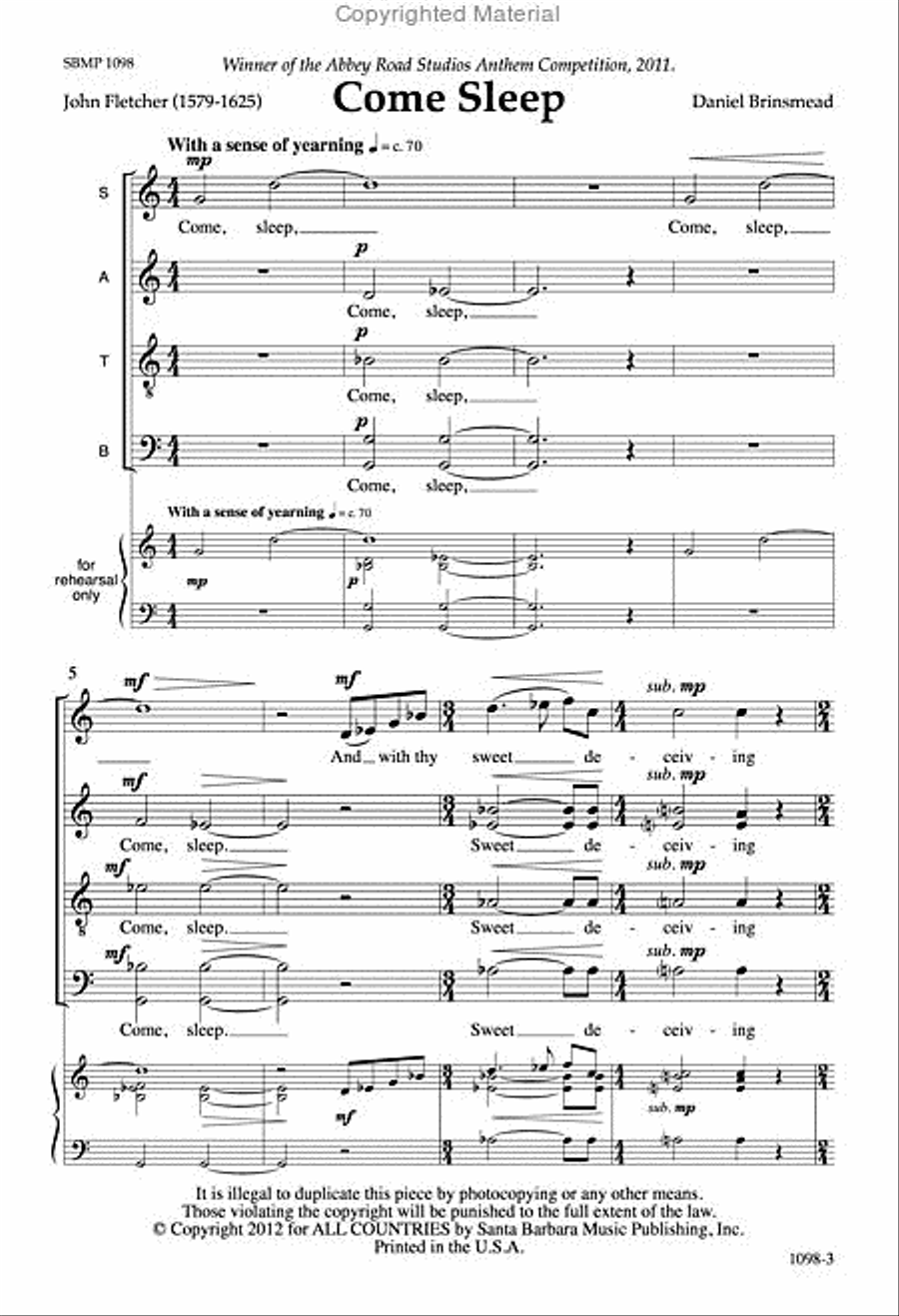 Come Sleep - SATB Octavo Come Sleep - SATB Octavo 4-Part scores gallery preview page 2