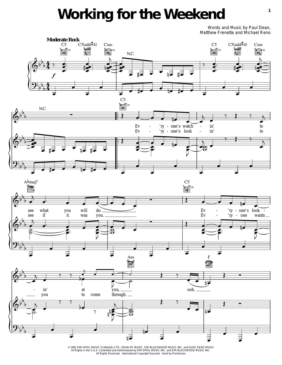Working For The Weekend Working For The Weekend Piano, Vocal, Guitar scores gallery preview page 1