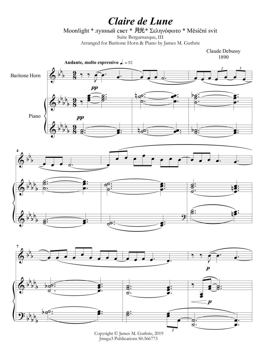 Debussy: Claire de Lune for Baritone Horn & Piano Baritone Horn scores gallery preview page 1