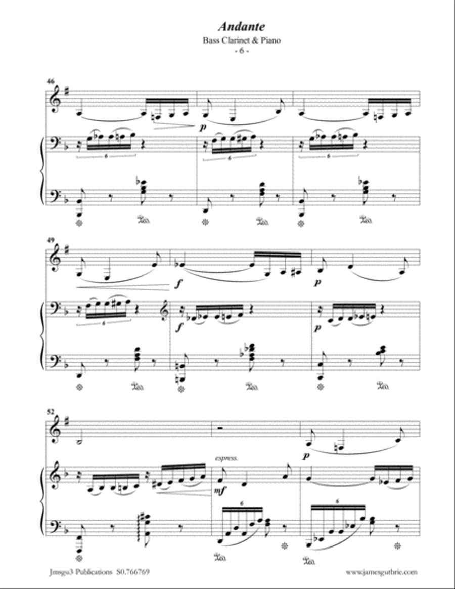 Fauré: Andante Op. 75 for Bass Clarinet & Piano Bass Clarinet scores gallery preview page 6