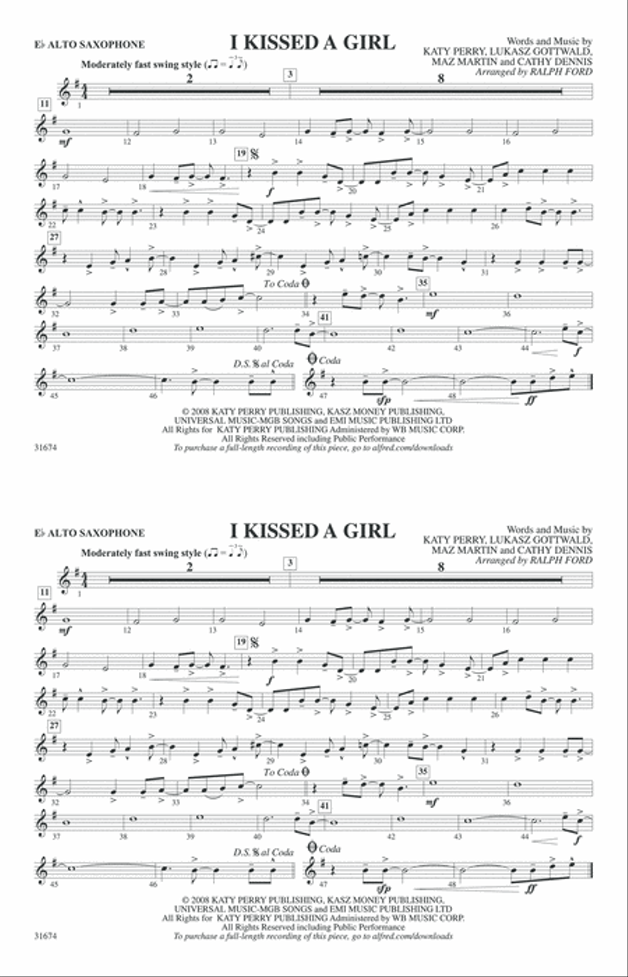 I Kissed a Girl: E-flat Alto Saxophone Marching Band scores gallery preview page 1